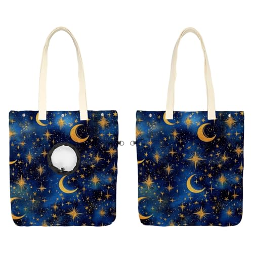 Schultertasche aus Segeltuch, weiche Seiten, Tragetasche für kleine Hunde und Katzen, tragbare Haustier-Handtasche mit verstellbarem Loch, waschbare Reisetasche, Sterne, Mond, Blau, 49,3 x 41,9 cm von etoenbrc