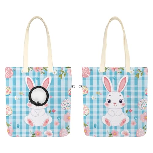 Schultertasche aus Segeltuch, weiche Seiten, Tragetasche für kleine Hunde und Katzen, tragbare Haustier-Handtasche mit verstellbarem Loch, waschbare Reisetasche, blau kariert, Osterhase, 49,3 x 41,9 von etoenbrc