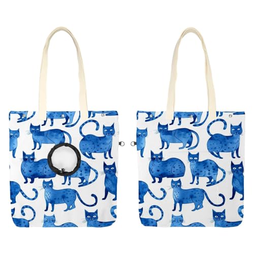 Schultertasche aus Segeltuch, weiche Seiten, Tragetasche für kleine Hunde und Katzen, tragbare Haustier-Handtasche mit verstellbarem Loch, waschbare Reisetasche, blaue Katzen, 49,3 x 41,9 cm von etoenbrc