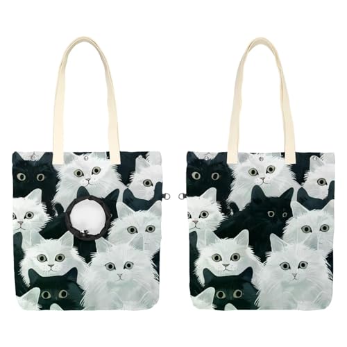 Schultertasche aus Segeltuch, weiche Seiten, Tragetasche für kleine Hunde und Katzen, tragbare Haustier-Handtasche mit verstellbarem Loch, waschbare Reisetasche, schwarz-weiße Katze, 41 x 40 cm von etoenbrc