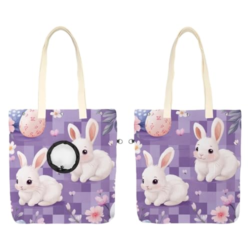 Schultertasche aus Segeltuch, weiche Seiten, Tragetasche für kleine Hunde und Katzen, tragbare Haustier-Handtasche mit verstellbarem Loch, waschbare Reisetasche, violett, kariert, Osterhase, 49,3 x von etoenbrc