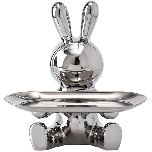 Schlüsselschale für Eingangstabelle Tabelle 7x7,3 Zoll Keramik Kaninchenstatue mit Tablett Keramik Bunny Statue Candy Dish Rabbit Tably Lagerverzierung von eurNhrN