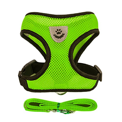 Air Mesh Hundegeschirr Atmungsaktiv Welpengeschirr für Klein Hunde Vest Harness Brustgeschirre Haustier Softgeschirr mit 1,1M Hundeleine Führleine Schleppleine (M, grün) von feiling