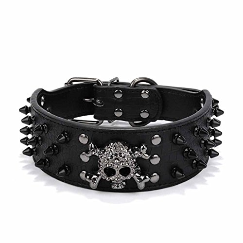 Hundehalsband Leder Retriever-Halsband Totenkopf Hundehalsung mit Nieten Hundehalskette Gotisch Zughalsband Martingal Choke Hundeband für Kleine Mittlere Grosse Hunde (L, Schwarz) von feiling