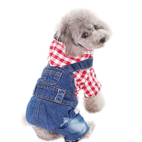 Vier-Beine Hundeshirt Kleine Hunde Hemd Jeans Overall Denim Latzhose Welpen Kostüm mit Kapuze Haustier Jumpsuit Mittlere Hunde Kapuzeshirt Fleece Verdickte (S, rot) von feiling