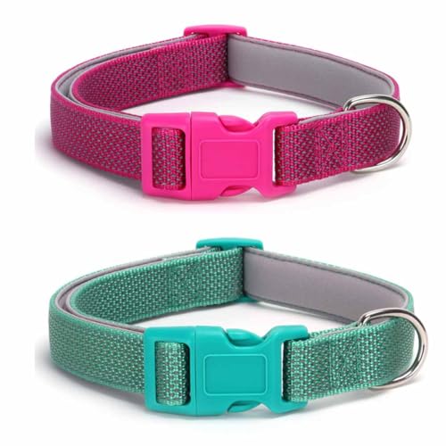 feiling 2er Pack Hundehalsband Reflektierend Klickverschluss Einstellbare Hundehalsung Weich Hundeband für Kleine Mittelgroße und Große Hunde (rosa+grün, M) von feiling