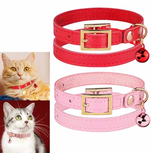 feiling 2er Pack Katzenhalsband mit Kleine Glocke Lederhalsband Verstellbares Haustier Halskette für Katzen und Kleine Hunde (pink+rot, XS) von feiling