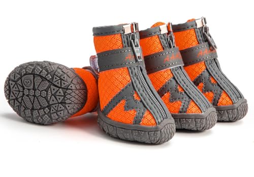 feiling 4-er Pack Hundeschuhe Mesh Reflektierende Stiefel Atmungsaktiv Pfotenschutz Reißverschluss für Kleine Hunde und Welpen (orange, 1#) von feiling