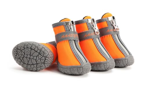 feiling 4-er Pack Hundeschuhe Reflektierende Stiefel Anti-Rutsch mit Reißverschluss Pfotenschutz für Kleine Hunde und Welpen (orange, 1#) von feiling