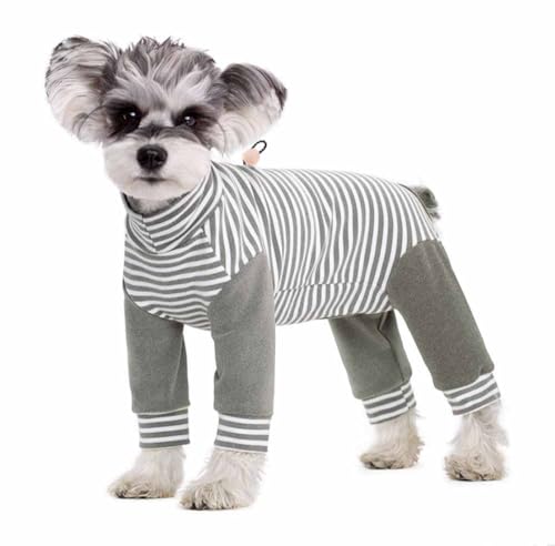 feiling Hunde Overall Pyjama Hoher Kragen Gestreift Shirt Bequeme Vier-Beine Bekleidung für Kleine Hunde Katzen Jumpsuit Hundekostüm (grau, XS) von feiling