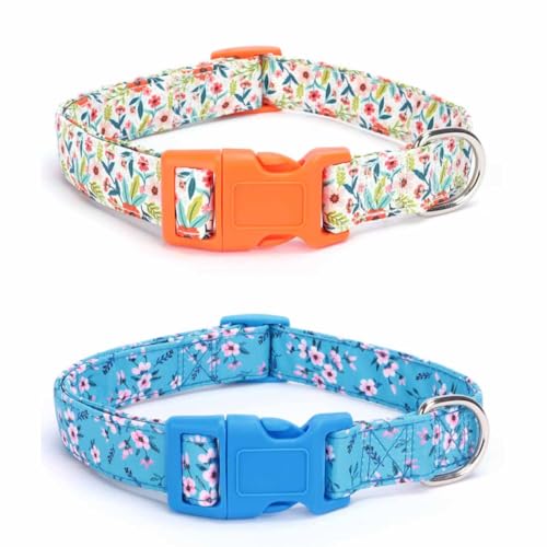 feiling Hundehalsband 2er Pack Blumen Gedruckt Haustiere Kettenhalsband Süßer Stil Hundehalsung Verstellbar Hundeband für Kleine Mittelgroße und Große Hunde (orange + light blue, L) von feiling