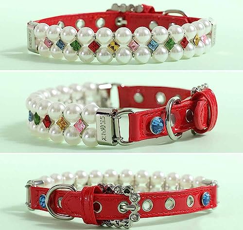 feiling Hundehalsband Kleine Hunde Perlen Strass Charm Halskette Katzen Hundeband Verstellbares Welpen Kettenhalsband Hundeleine für Poodle Bichon Frise Pomeranin (S, Rot) von feiling