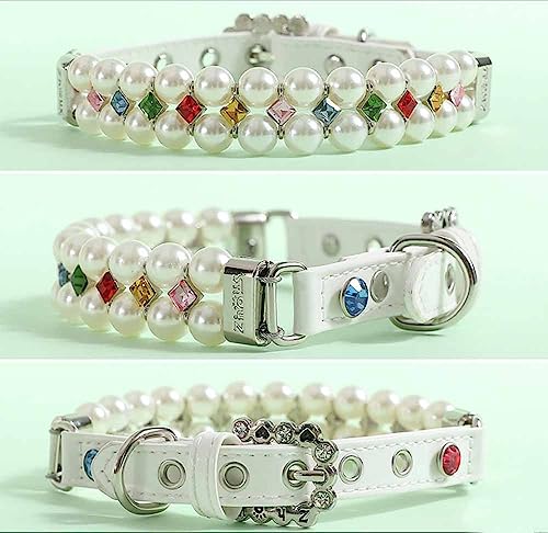 feiling Hundehalsband Kleine Hunde Perlen Strass Charm Halskette Katzen Hundeband Verstellbares Welpen Kettenhalsband Hundeleine für Poodle Bichon Frise Pomeranin (XS, Weiß) von feiling