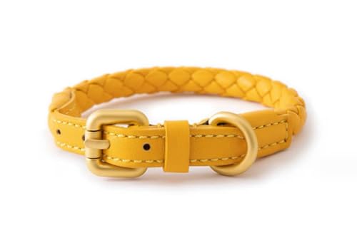 feiling Hundehalsband Leder Einstellbare Hunde Halskette für Kleine Mittelgroße und Große Hunde Geflochten Lederhalsband (gelb, L) von feiling