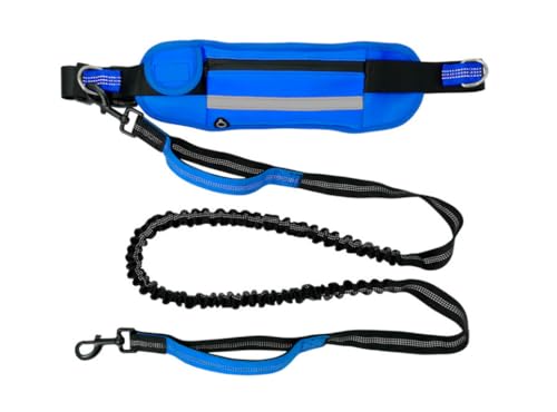 feiling Hundeleine und Bauchtasche Set für Sport Reise Wandern Gürteltasche Elastische Leine mit Zwei Griffen Freihandleine Reflektierend Laufleine für Kleine Mittlere und Große Hund (blau) von feiling