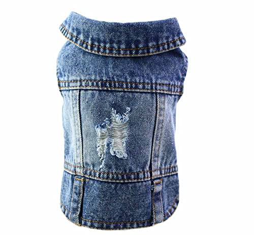 feiling Jeans Hundejacke Vintage Distressed Denim Hundemantel Welpen Katzen Kostüm Haustierkleidung Hunde-Jeans Hundeweste für Kleine Mittlere Hunde (blau, L) von feiling