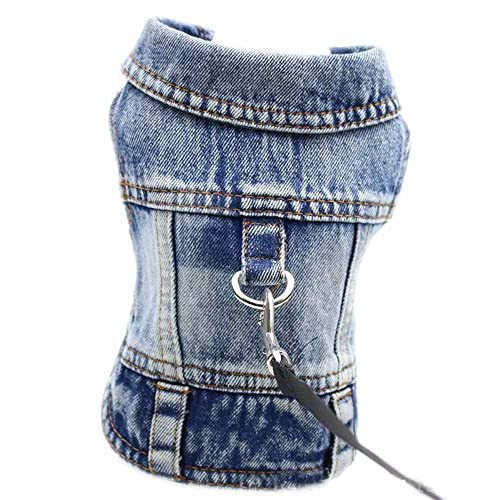 feiling Jeans Hundejacke mit Metallhake für Hundeleine, Denim Hundemantel Outfit Hundekleidung Haustier Weste für Welpen,Kleine, Mittlere Hunde (Blau, L) von feiling