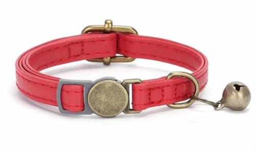 feiling Katzenhalsband Retro Stil Lederhalsband mit Kleine Glocke Verstellbares Haustier Halskette für Katzen, 19-30cm Halsumfang (rot) von feiling