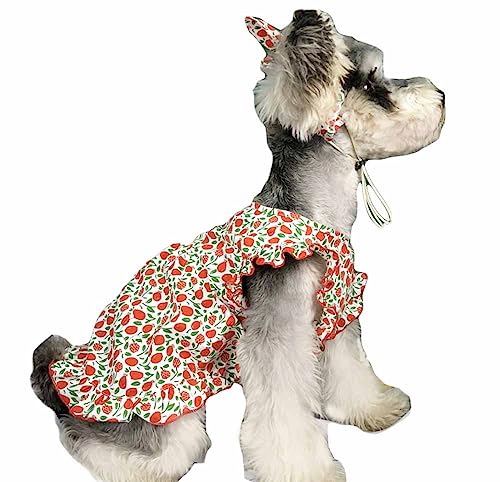 feiling Kleine Hunde-Kleider mit Haarbänder Blumendruck Hundeshirt Mittlere Hunde Bekleidung Casual Strand Hundekostüm Sommer Party Shirts (Kirsche rot, M) von feiling