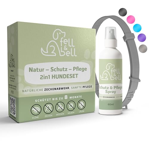 fell&bell Zeckenhalsband Mit 60 ml Kokos-Pflegespray – Natürliche Öle Gegen Ungeziefer – Hunde Halsband In 5 Farben – Bis 8 Monate Schutz – Flohhalsband - Wasserfest – Für Alle Hunde (Grau) von fell&bell