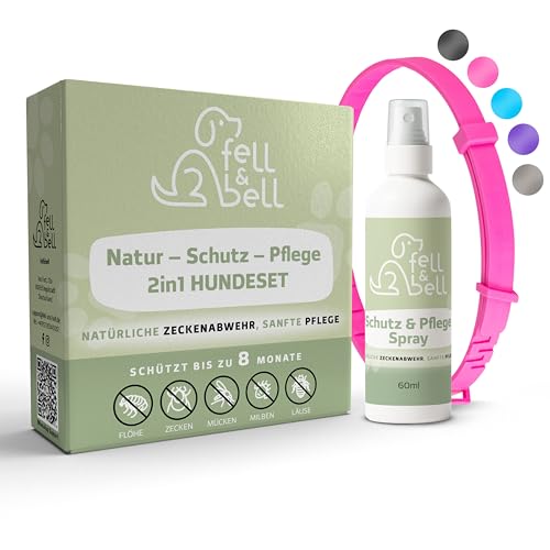 fell&bell Zeckenhalsband Mit 60 ml Kokos-Pflegespray – Natürliche Öle Gegen Ungeziefer – Hunde Halsband In 5 Farben – Bis 8 Monate Schutz – Flohhalsband - Wasserfest – Für Alle Hunde (Pink) von fell&bell