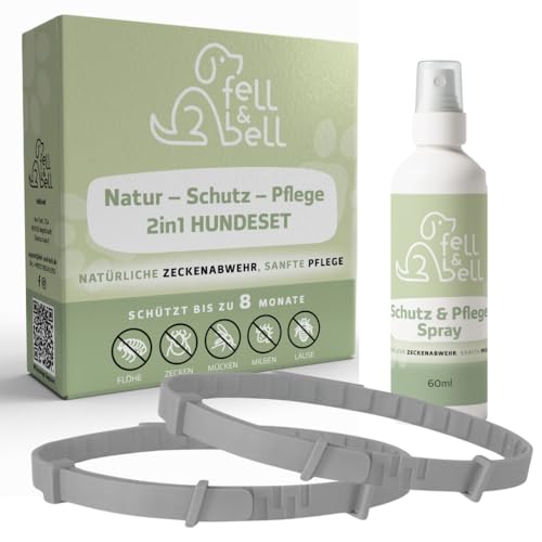 fell&bell Zeckenhalsband SPARSET Mit 60 ml Kokos-Pflegespray – Natürliche Öle Gegen Ungeziefer – 2 Hundehalsbänder – Bis 8 Monate Schutz – Flohhalsband - Wasserfest – 2Stk. GRAUE Flohhalsbänder von fell&bell