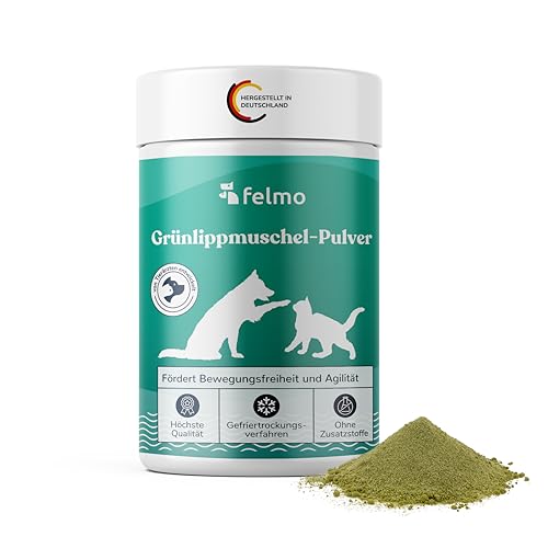 Felmo Grünlippmuschel-Pulver für Hunde & Katzen (150g) 100% natürliche Zutaten ohne künstliche Zusatzstoffe - Stärkt Bänder - Knochen und unterstützt die Gelenkfunktionen- von Tierärzten empfohlen von felmo