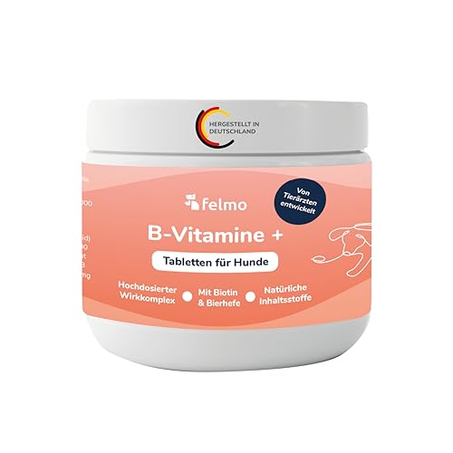 Felmo- Hochdosiert B-Vitamine + Tabletten für Hunde (120g) einschließlich Vitamin B1, B2, B3, B6 und B12 - Mit Biotin & Bierhefe leicht zu verabreichen- Mit Tierärzten entwickelt und empfohlen von felmo