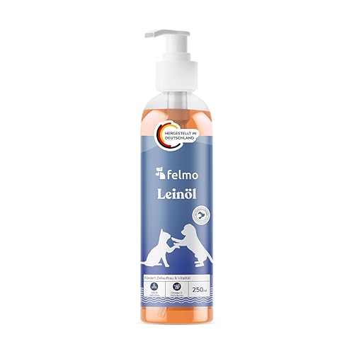 Felmo Leinöl für Hunde & Katzen (250ml) im Pumpdosierer 100% natürlich, kaltgepresst & pflanzlich - Keine künstlichen Zusätze - in Deutschland hergestellt– reich an Omega 3 und Vitamin E von felmo