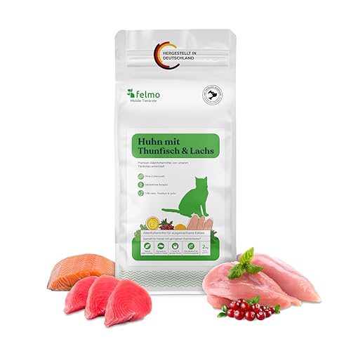 felmo Premium Trockenfutter für Katzen (2 kg) mit Huhn, Thunfisch & Lachs – ohne Zucker- und Getreidezusatz – enthält wichtige Vitamine, Präbiotika & Omega-Fettsäuren – hoher Fleischanteil von 70% von felmo