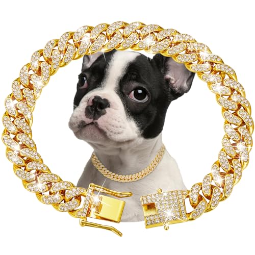 Goldfarbenes Hundehalsband, Diamant, kubanische Gliederung, 13 mm breit, Hundehalskette, Metall-Kette, Haustier-Kristall-Halsband, Schmuckzubehör für kleine, mittelgroße und große Hunde, Katzen (35,6 von fengco