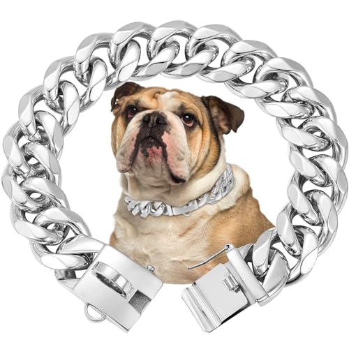 Hundehalsband aus massivem Stahl mit Schnalle, 19 mm breit, strapazierfähig, starker Edelstahl, Metall, für Haustiere, solide kubanische Glieder, Halsbänder für Hunde (40 cm) von fengco