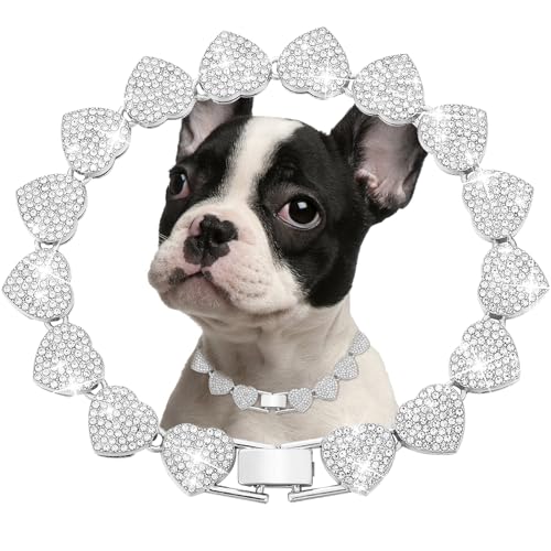 Silberne Hundehalsband, Herz-Halskette, Diamant, kubanische Gliederung, Hundehalsband, Katzenketten, Metall, Katzenketten, Haustier-Kristall-Halsbänder, Schmuckzubehör für Hunde und Katzen (25,4 cm) von fengco