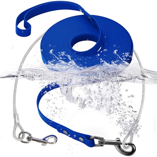 Wasserdicht Schleppleine für Hunde,mit Chew Proof Tie-Out Leinen,Wasserdicht Trainingsleine für Hunde(Blau,15m) von fengco