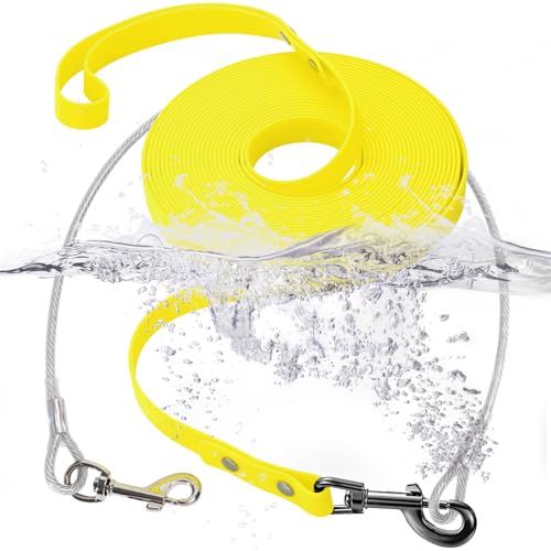 Wasserdichte PVC-Trainingsleine + kaufeste Drahtseil-Hundeleine, lange Leine, Outdoor-Hundeleine für Training, Strand, Hof, Spielen, Camping (Gelb, 10 m) von fengco