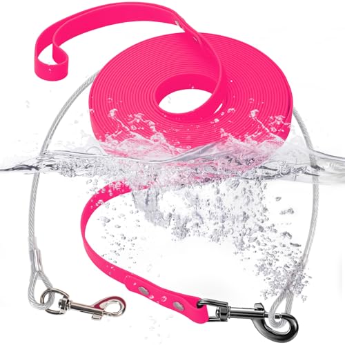 Wasserdichte PVC-Trainingsleine + kaufeste Drahtseil-Hundeleine, lange Leine, Outdoor-Hundeleine für Training, Strand, Hof, Spielen, Camping (Rose, 10 m) von fengco