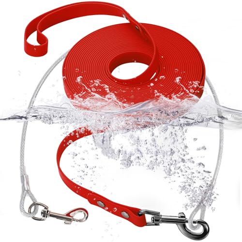 Wasserdichte PVC-Trainingsleine + kaufeste Drahtseil-Hundeleine, lange Leine, Outdoor-Hundeleine für Training, Strand, Hof, Spielen, Camping (Rot, 3 m) von fengco