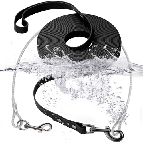 Wasserdichte PVC-Trainingsleine + kaufeste Drahtseil-Hundeleine, lange Leine, Outdoor-Hundeleine für Training, Strand, Hof, Spielen, Camping (Schwarz, 15 m) von fengco