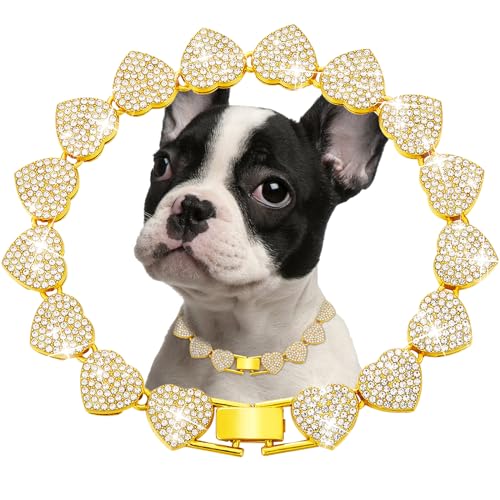 fengco Goldfarbene Hundehalsband, Herz-Halskette, Diamant, kubanische Gliederung, Hundehalsband, Katzenketten, Haustier-Kristall-Halsbänder, Schmuckzubehör für Hunde und Katzen (25,4 cm) von fengco