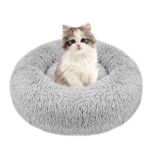 fireowl Donut Hundebett Kleine Flauschig: 50cm Beruhigendes Welpenbett Anti Angst Katzenbett - Plüsch Haustierbett Rund Kuscheliges Waschbar Hellgrau von fireowl