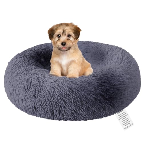 fireowl Donut Hundebett Kleine Flauschig: 50cm Beruhigendes Welpenbett Anti Angst Katzenbett - Plüsch Haustierbett Rund Kuscheliges Waschbar Grau von fireowl