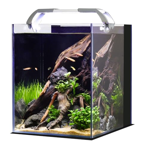 fishkeeper Aquarium-Starter-Set, kleines Aquarium mit Filter und einstellbarer 3-farbiger Beleuchtung, selbstreinigendes Fischglas, randloses Aquarium mit Nivelliermatte für Anfänger von fishkeeper