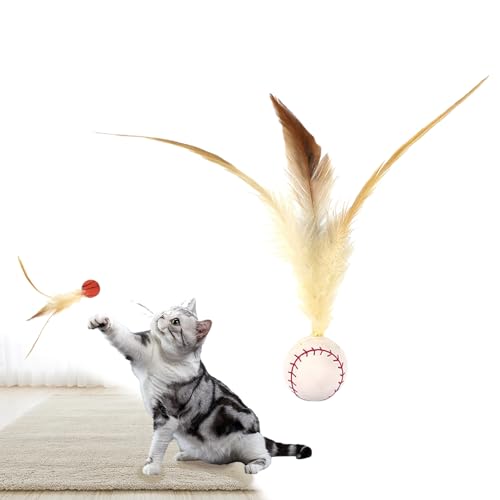 Feather Ball Cat Toy, Bouncy Tails Cat Toys for Indoor Ourdoor Cats, Mini Basketball Soccer and Baseball Interactive Bouncy Ball for Cat Dog Pet Toys Gift (Baseball-A) von fjaldjfu