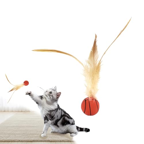 Feather Ball Cat Toy, Bouncy Tails Cat Toys for Indoor Ourdoor Cats, Mini Basketball Soccer and Baseball Interactive Bouncy Ball for Cat Dog Pet Toys Gift (Basketball-B) von fjaldjfu