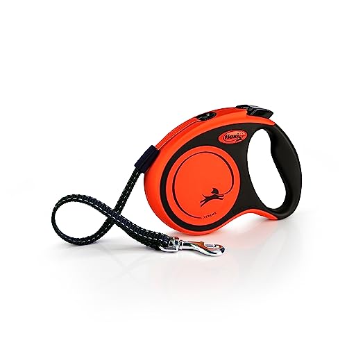 FLEXI® Xtreme S - Extra robuste einziehbare Leine mit 4,8 m extra starkem Klebeband | Schutzgürtel mit reflektierenden Komponenten | Griffverstellung | Orange/Schwarz von flexi