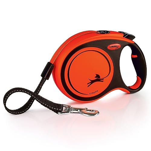 Flexi Xtreme L - Extra robuste einziehbare Leine mit 7,9 m extra starkem Band | Schutzgürtel mit reflektierenden Komponenten | Griffverstellung | Orange/Schwarz von flexi