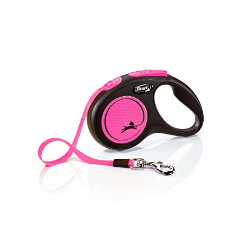 flexi® Neon S Gurt 5 m schwarz, neon-Pinker Gurt, reflektierende Seitenfläche, Roll-Leine für Hunde bis 15 kg von flexi