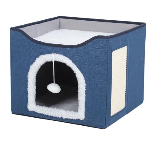 flexman Faltbares Katzenhaus, Doppelschichtige, Multifunktionale Katzenwürfel, Katzenwohnungen mit Flauschiger Ballaufhängung und Kratzunterlage für Den Innenbereich (Navy Blue) von flexman