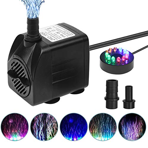 flintronic Wasserpumpe, 12 LED Aquariumpumpe mit 4 Wechselnden Farben 2 Düsen, 15W / 1.5m Teichpumpe für Aquarium, Teich, Brunnen, Haustiere, Garten Keine Geräusch von flintronic