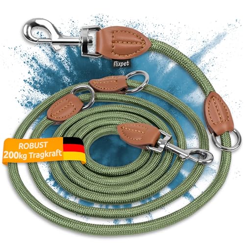 flixpet® - Hundeleine 3m verstellbar für große & mittelgroße Hunde Doppelleine Umhängeleine Führleine aus Paracord robust bis 200kg Tragkraft | 3 Meter lang x 11mm (Olivgrün-Braun) von flixpet